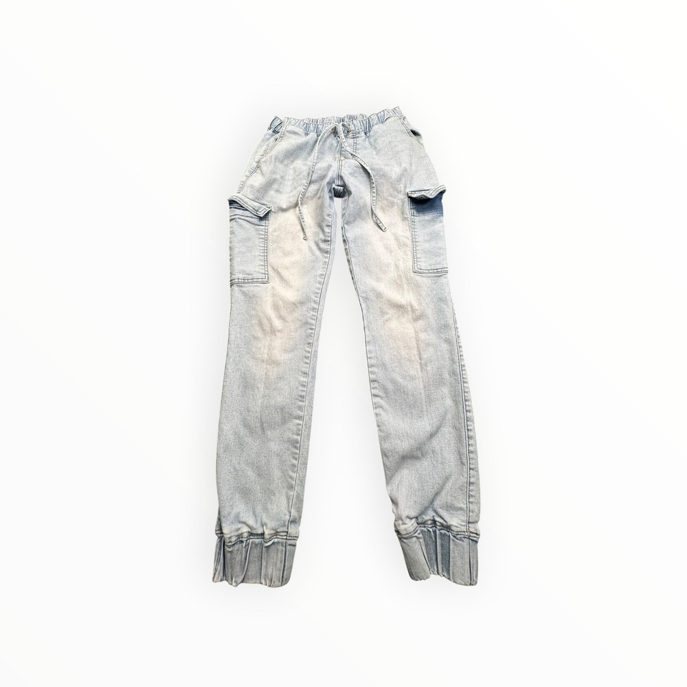 Almost Famous Joggers Womens M Blue Denim Cargo Light Wash Elastic Waist Stretch